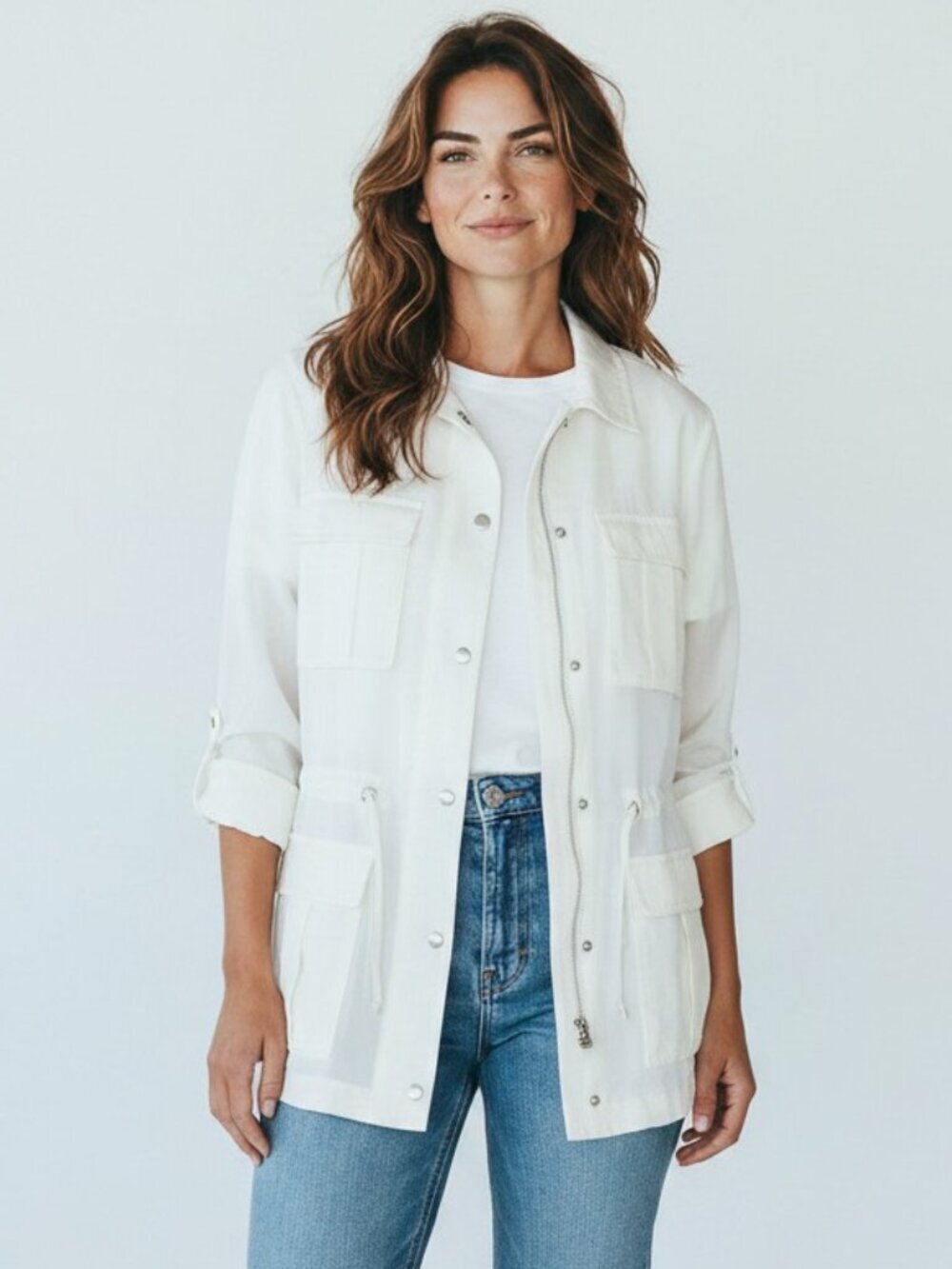 WORTH NEW YORK women's Off White Rayon Satin Utility Jacket Size 2 chore coat